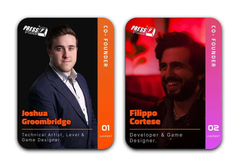 Press F Studios co-founders: Joshua Groombridge, Technical Artist, Level & Game Designer; and Filippo Cortese, Developer & Game Designer