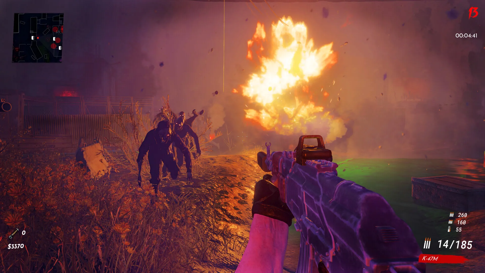 An artillery strike called in from the support terminal exploding over a zombie horde