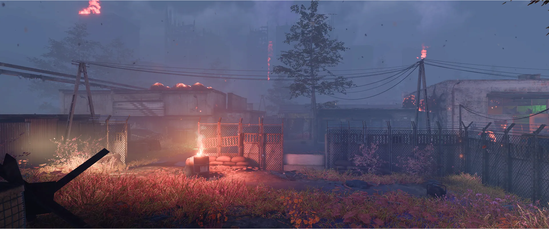 Blackwell Fields, TFZP’s debut map: a fenced industrial compound under a burning sky