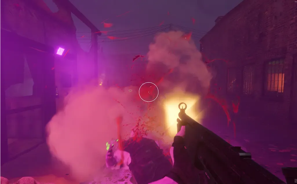 TFZP: Muzzle flash in a purple-lit alley
