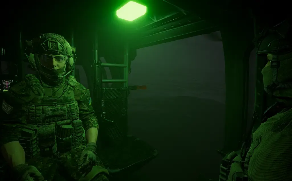 TFZP: Operative inside a green-lit helicopter cabin