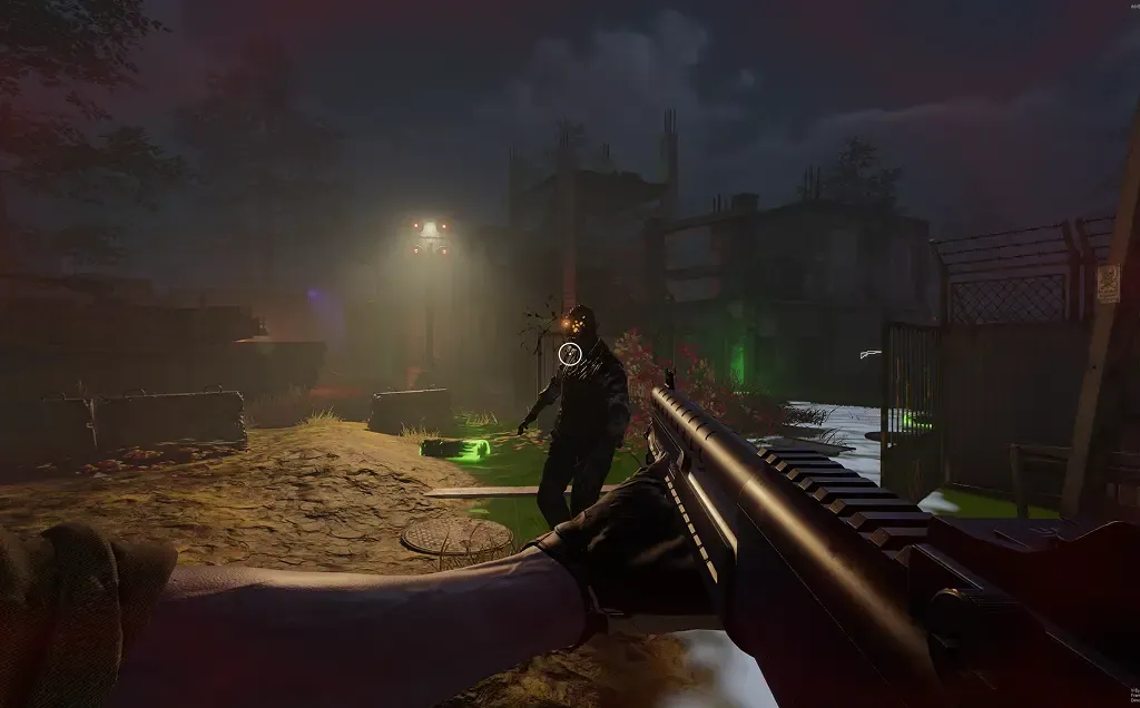 TFZP: Shotgun raised at a zombie in a floodlit courtyard