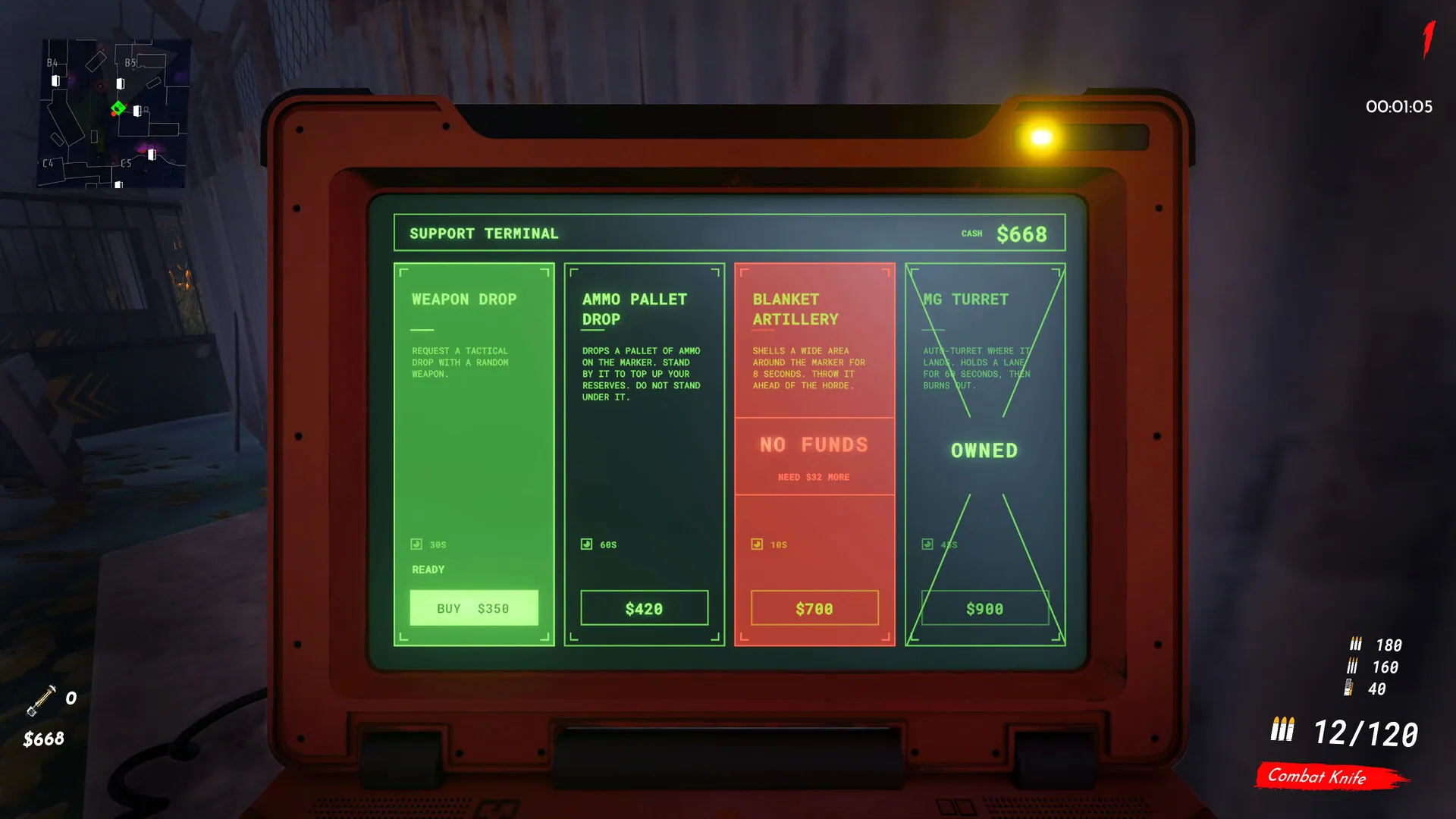 TFZP support terminal offering weapon drops, ammo pallets, blanket artillery and an MG turret