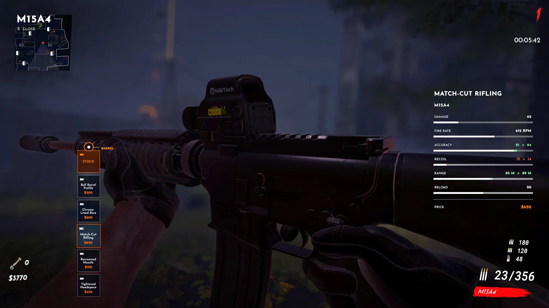 M15A4 attachment screen in TFZP showing match-cut rifling and weapon stats