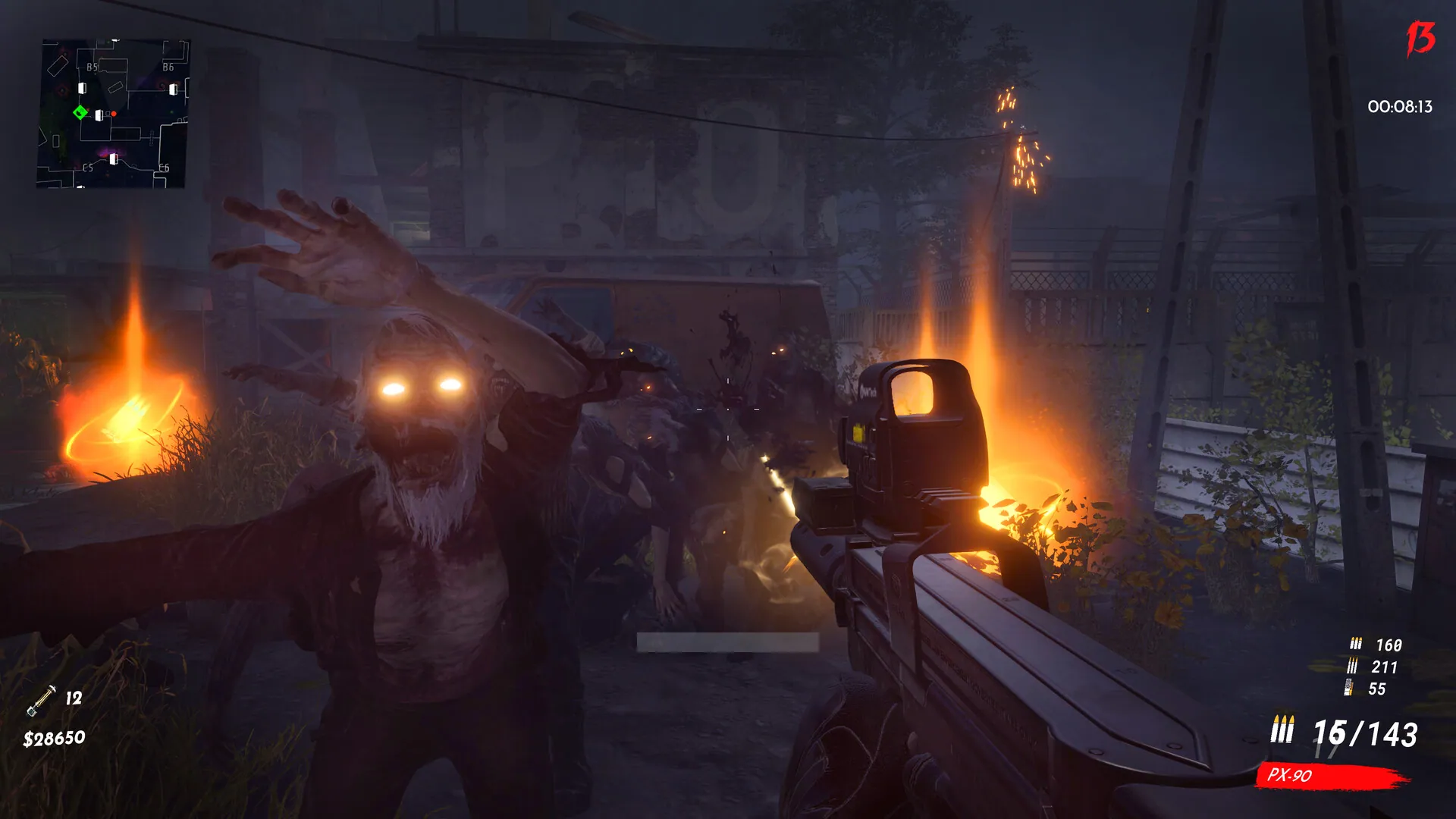 TFZP gameplay: a glowing-eyed zombie horde charging through a burning street